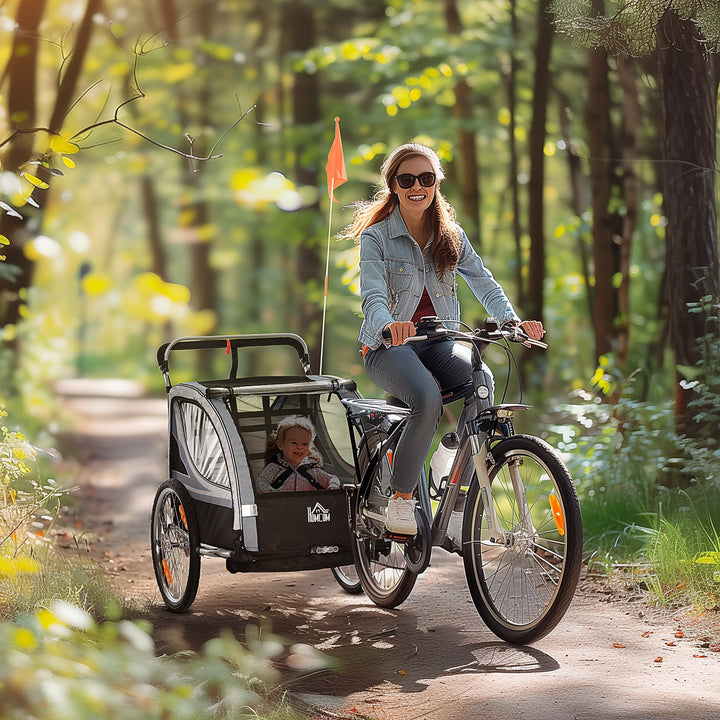 Børnecykeltrailer, skubbetrailer, med bremser, foldbar, til 2 børn, grå/sort