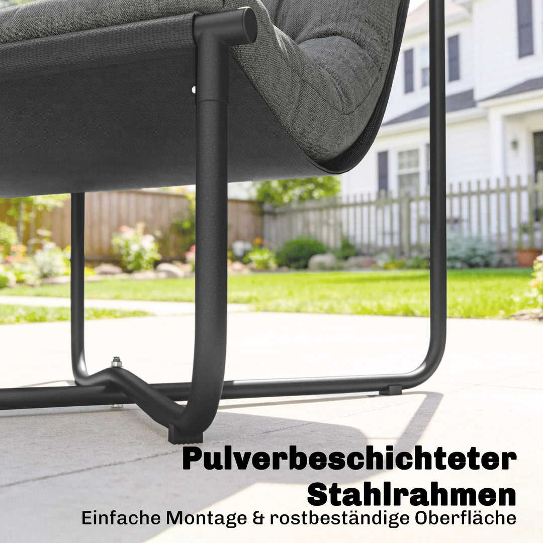 Udendørs loungestol, ergonomisk havestol med hudvenlige hynder, bredt sæde, stålstel, mørkegrå