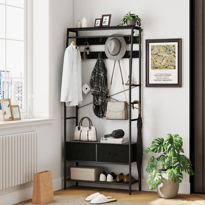 Knagerække med skohylde, tøjstativ i industrielt design, 2 stofskuffer, 8 kroge, metalramme, sort