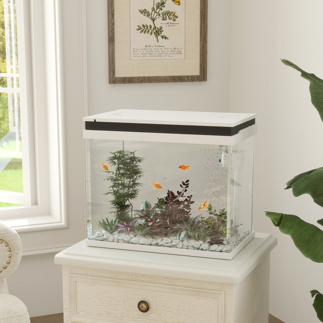 41-liters glasakvarium med filtersystem, LED-lys, vandpumpe, til forskellige fiskearter, hvid