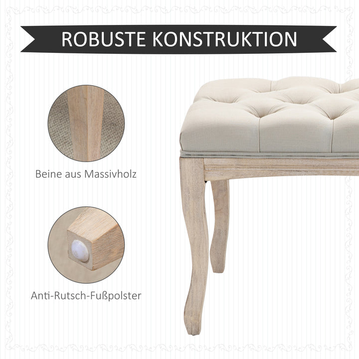 Polstret bænk med linnedbetræk, sengebænk med træramme, skobænk til soveværelse, stue, entre, 110 x 40 x 48 cm, beige