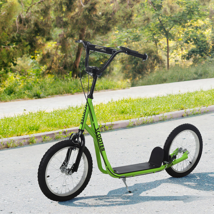 Børnescooter, sparkscooter, city scooter, sparkscooter, børnesparkbræt med luftgummidæk og håndbremse, scooter til børn fra 5 år, 16 tommer, grøn, 139 x 58 x 90-96 cm