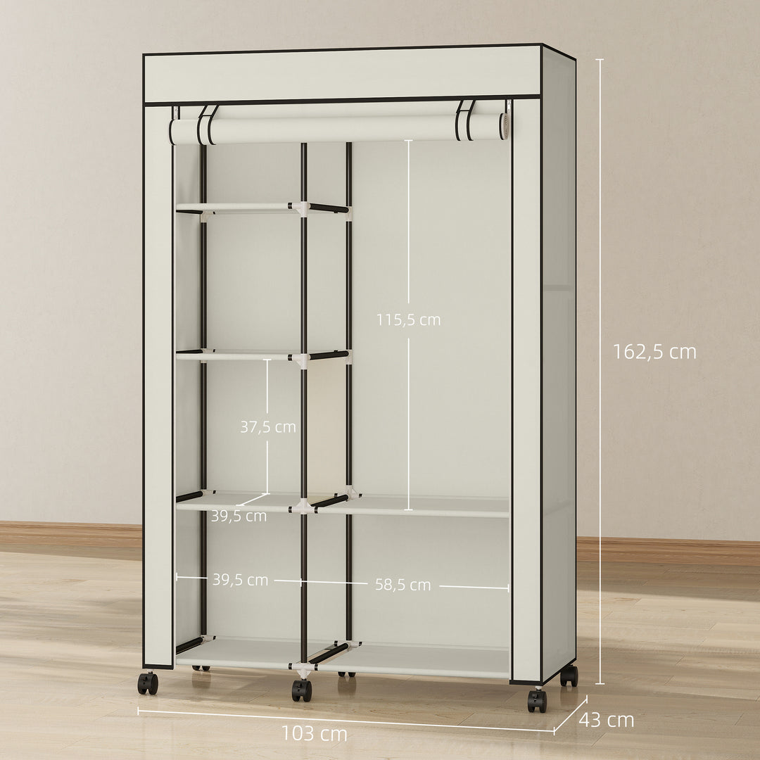 Stofgarderobe, opbevaringsløsning, 6 hylder, 1 garderobestang, cremefarvet