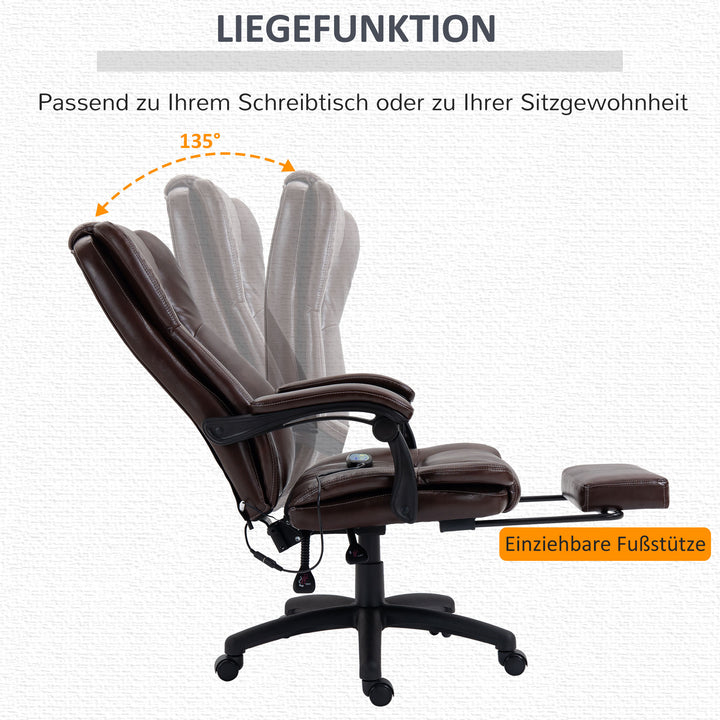 Justerbar drejestol med fodstøtte, nakkestøtte, massagefunktion, kunstlæder, 68,5 x 68,5 x 113-121 cm, brun