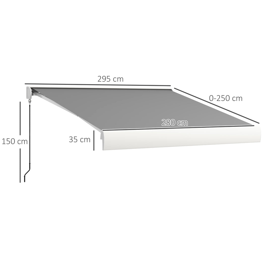 Markise, elektrisk/manuelt udtrækkelig, fuld kassette, fjernbetjening, aluminiumsramme, 3 x 2,5 m, lysegrå
