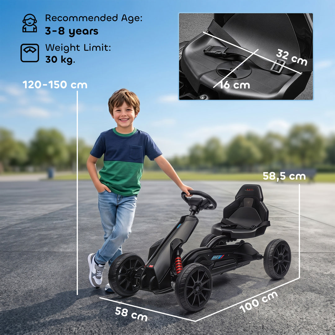 Gokart, børnekøretøj med justerbart sæde, pedalbil, pedalbil med håndbremse, 3-8 år, udendørs, sort