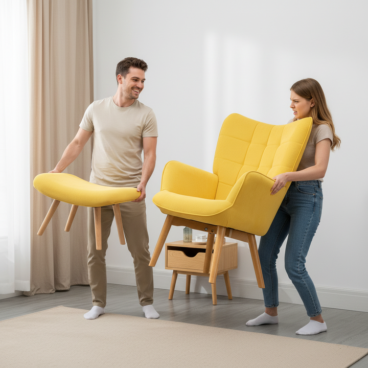 Accentstol med skammel, fløjlsbøjle lænestol, lænestol med træben, til stue, gul