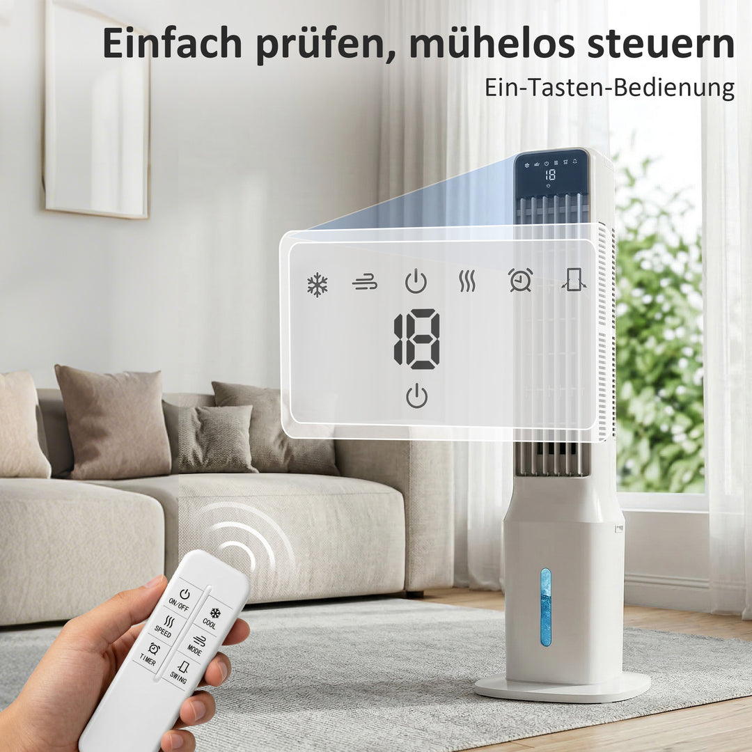 Bærbar luftkøler, 3-i-1 fordampningsluftkøler med 9-liters vandtank, 48° oscillation, 3 hastigheder, 3 tilstande, hvid