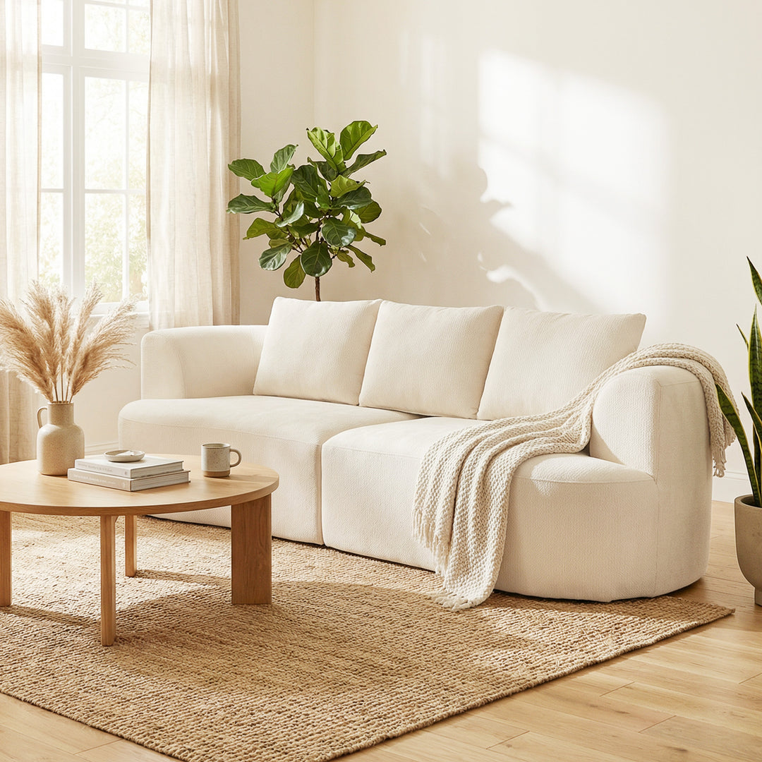 3-personers sofa, 260 cm chenillesofa med bredt sæde, polstring med fjederkerne, højdensitetsskum, 3 cremefarvede hynder