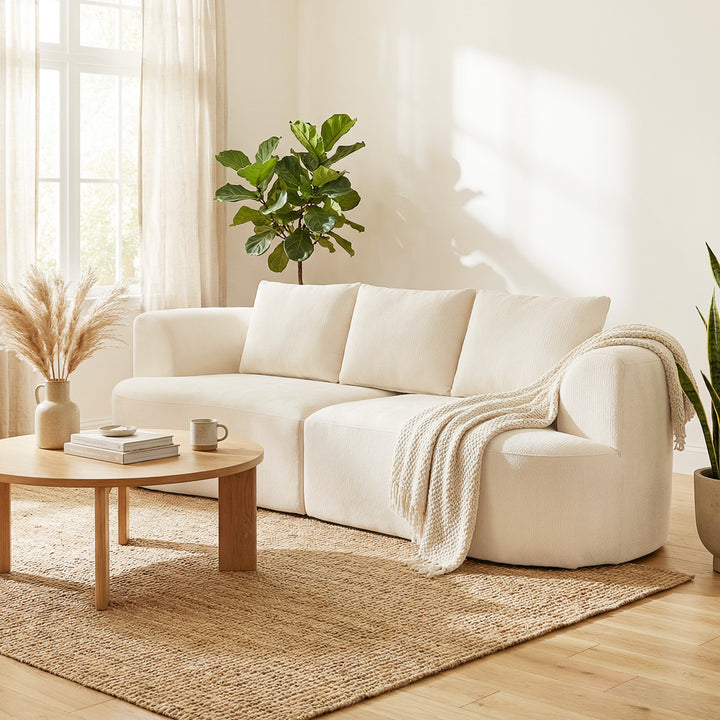 3-personers sofa, 260 cm chenillesofa med bredt sæde, polstring med fjederkerne, højdensitetsskum, 3 cremefarvede hynder