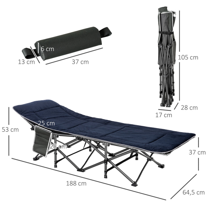 Campingseng, foldbar feltseng med pude, 188 x 64,5 x 53 cm, mørkeblå+grå