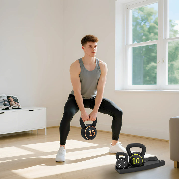 Kettlebell-sæt, 3 kettlebells 2,2 kg/4,5 kg/6,8 kg, plastikhus, sort