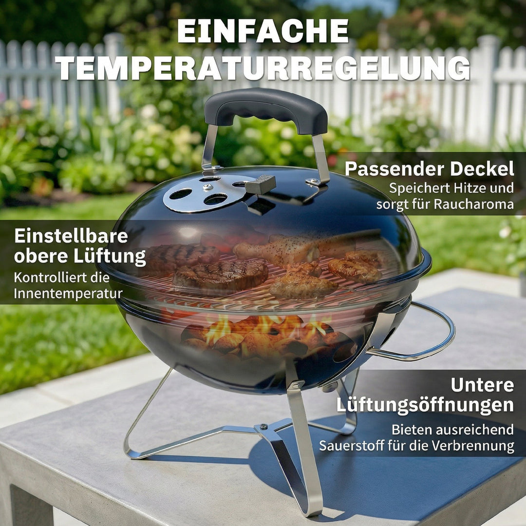 Bærbar kulgrill med låg, håndtag og justerbare ventilationsåbninger til grill, 41x41x44 cm, sort