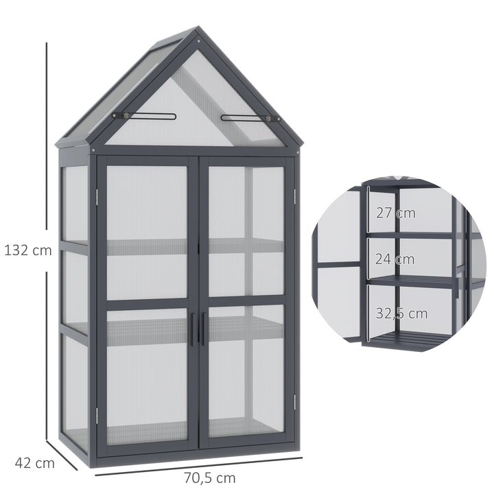 Mini-drivhus til koldt stel, 3 niveauer, drivhusplantebed med hængslet tag, dobbeltdøre, lavet af træ, polycarbonat, vejrbestandig, naturlig 70,5 x 42 x 132 cm