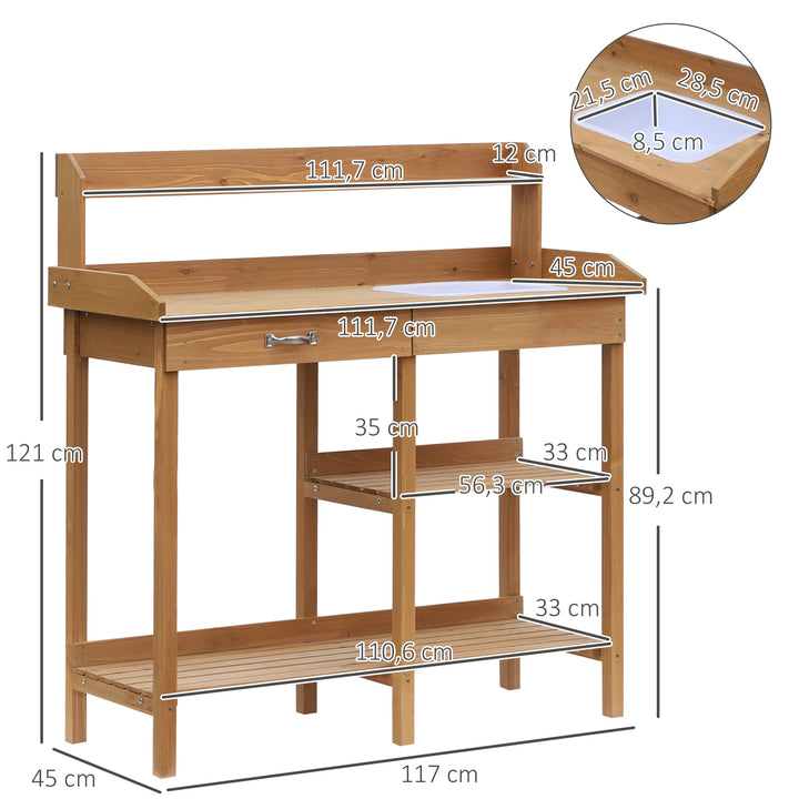 Plantebord havebord blomsterbord med balje havegran naturtræ 117 x 45 x 121 cm