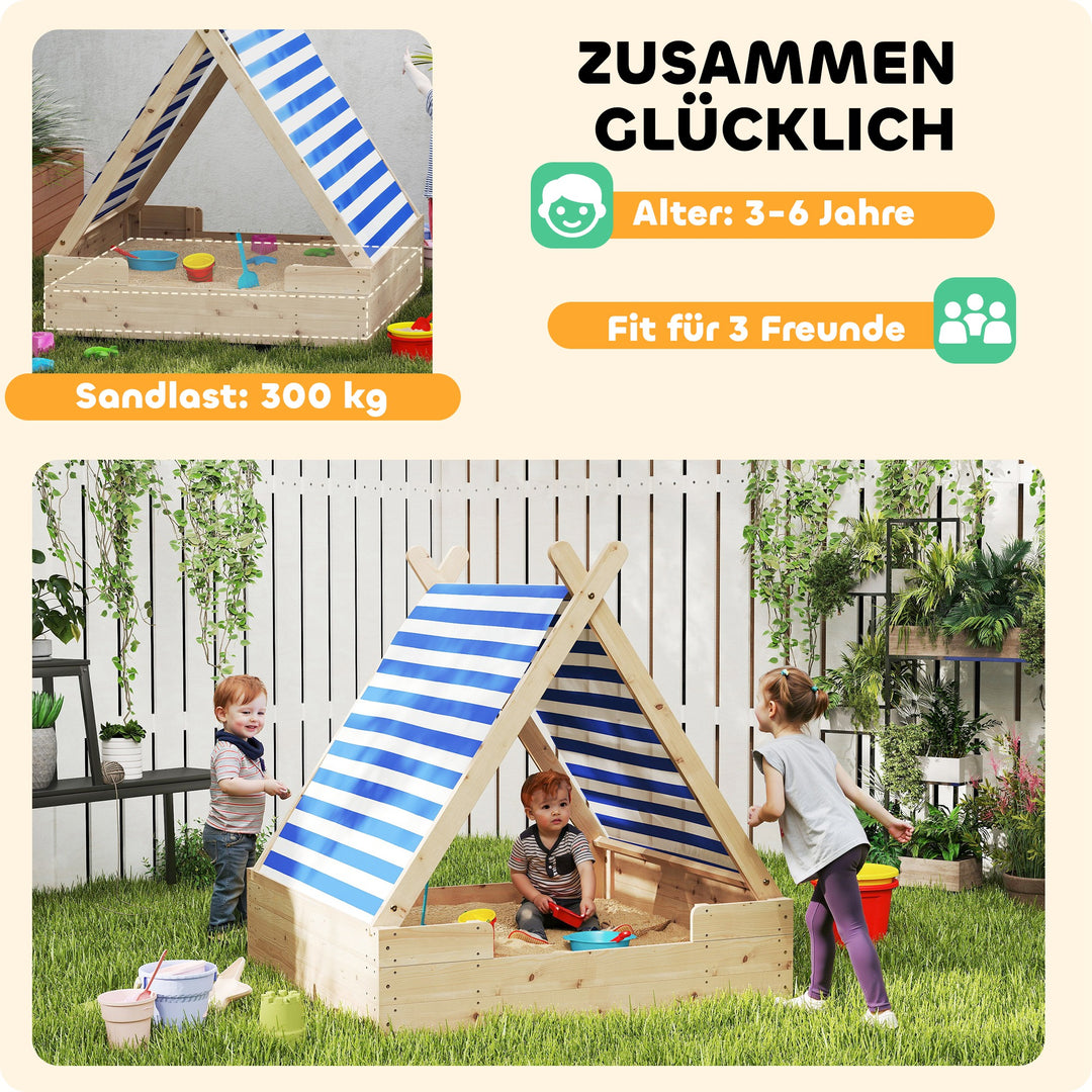 Børnesandkasse med vejrbestandigt telttag, til 3 børn i alderen 3-6 år, 120 x 120 x 126,5 cm
