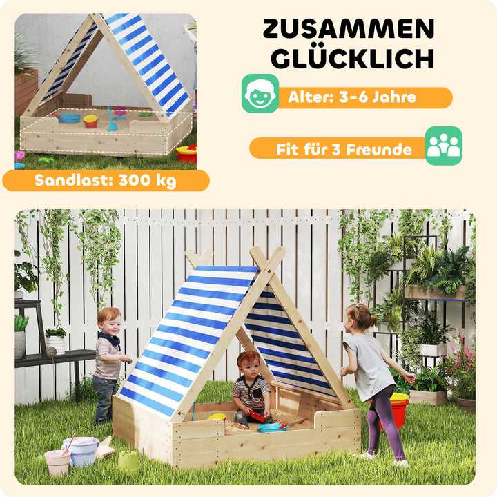Børnesandkasse med vejrbestandigt telttag, til 3 børn i alderen 3-6 år, 120 x 120 x 126,5 cm