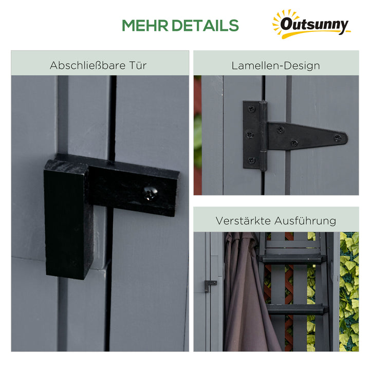 Haveskab, åbent brændekammer, aflåselig dør, vejrbestandigt, naturtræ, 129 x 51,5 x 180 cm, grå+sort