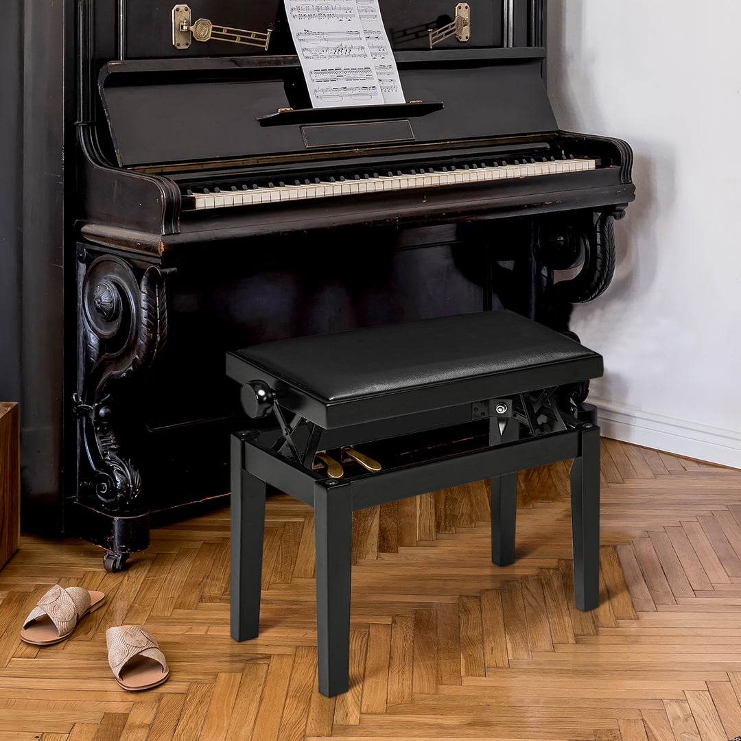 Klaverbænk, højdejusterbar klaverstol, elegant højglans, kunstlæder + gummitræ, sort, 63 x 33 x 56 cm