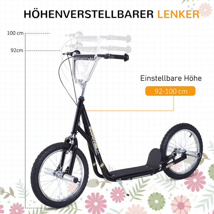 Børnescooter med pneumatiske dæk, sparkscooter, city scooter til børn, sparkbræt 16 tommer fra 5 år, højdejusterbar, sort, 143 x 58 x 92-100 cm