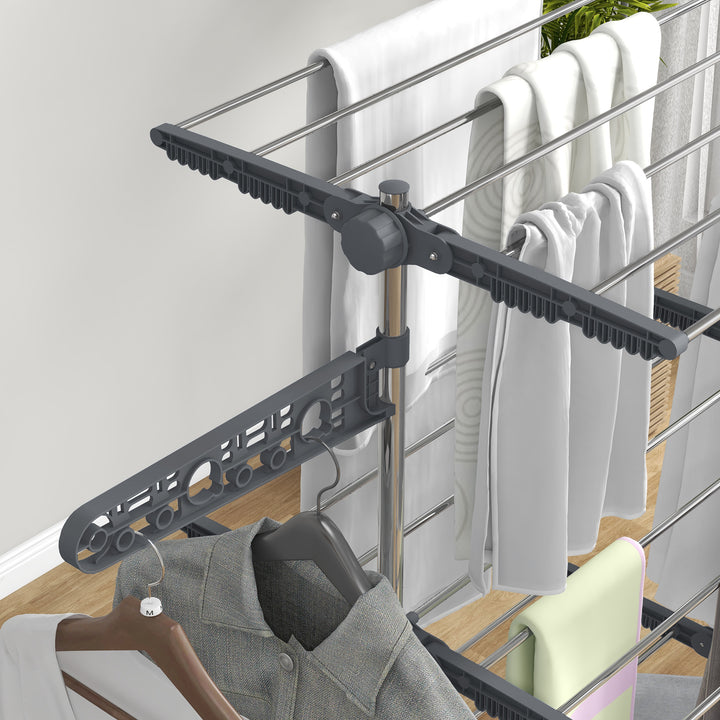 Tørrestativ. 4 niveauer, foldbar, et-klik-system, 142 cm x 55 cm x 152 cm, blå + sølv