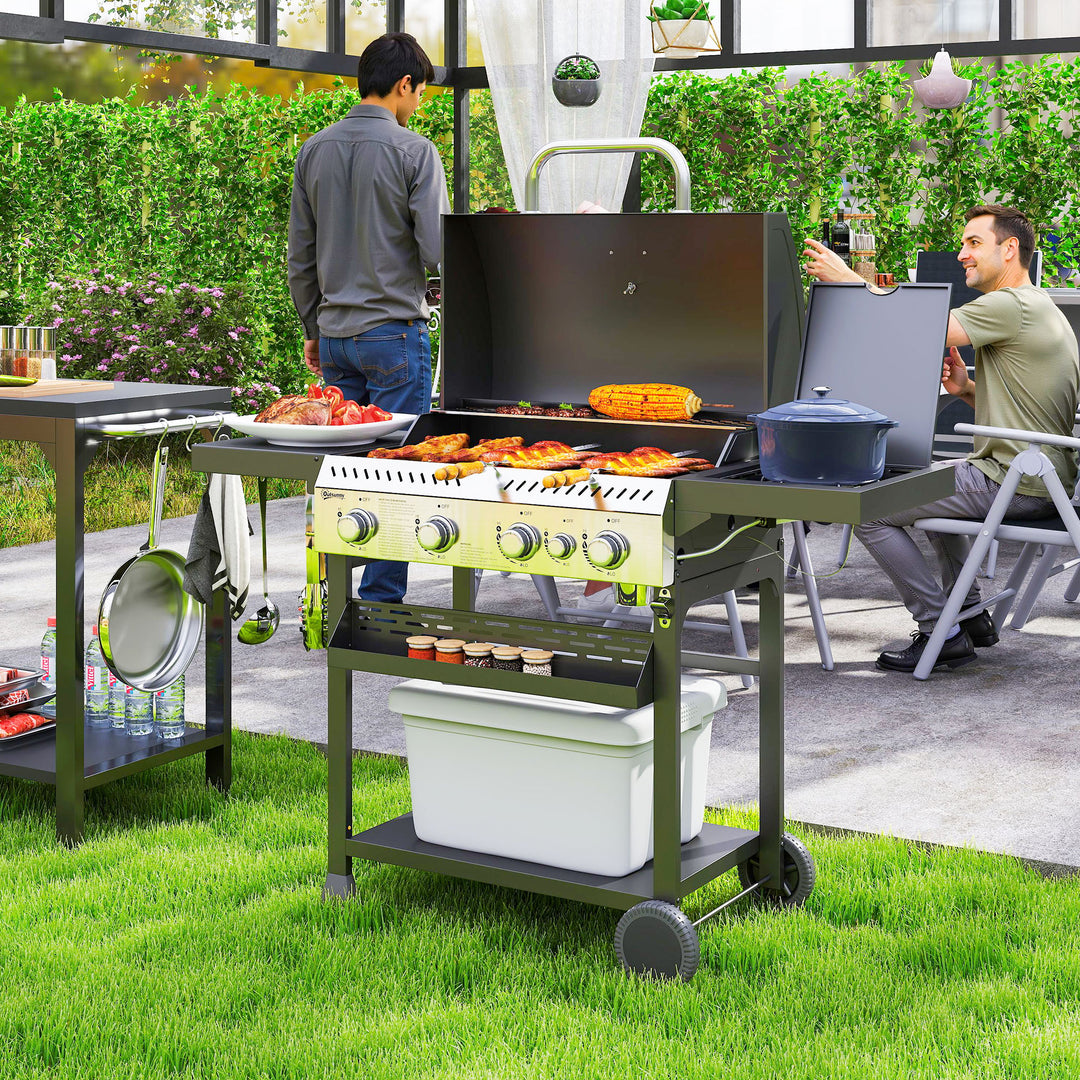 Gasgrill, BBQ-grill, 4 hovedbrændere, 1 sidebrænder, 1 varmeplade; 135 x 55 x 103 cm, sort