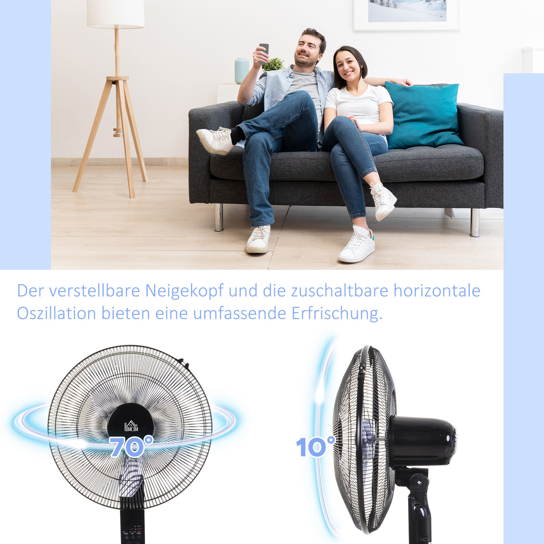 Sokkelventilator med fjernbetjening, højdejusterbar ventilator, 70° oscillerende ventilator, 3 hastighedsindstillinger, justerbar hældningsvinkel, 7,5 timer, Ø44,5 x 110-124 cm, sort