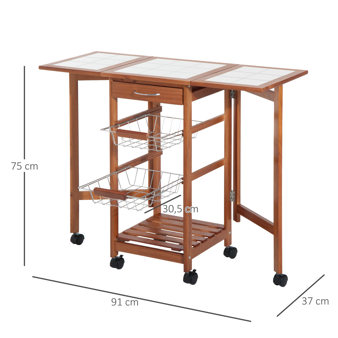 Serveringsvogn, køkkenvogn, to foldbare sideelementer, keramisk top, fyrretræ, 91 x 37 x 75 cm