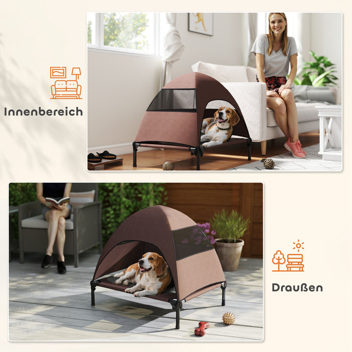 Udendørs hundeseng med tag, hævet hundeseng til mellemstore hunde, 76 x 61 x 71 cm, kaffe