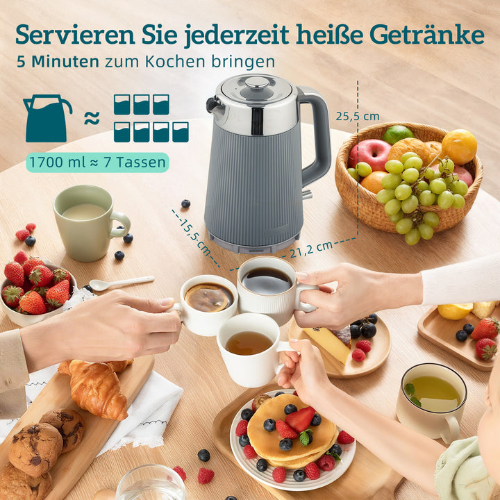 2200W, 1,7L elkedel med hurtigkogningsfunktion, afkalkningsfilter og brødrister til 4 skiver med 7 ristningsniveauer, grå