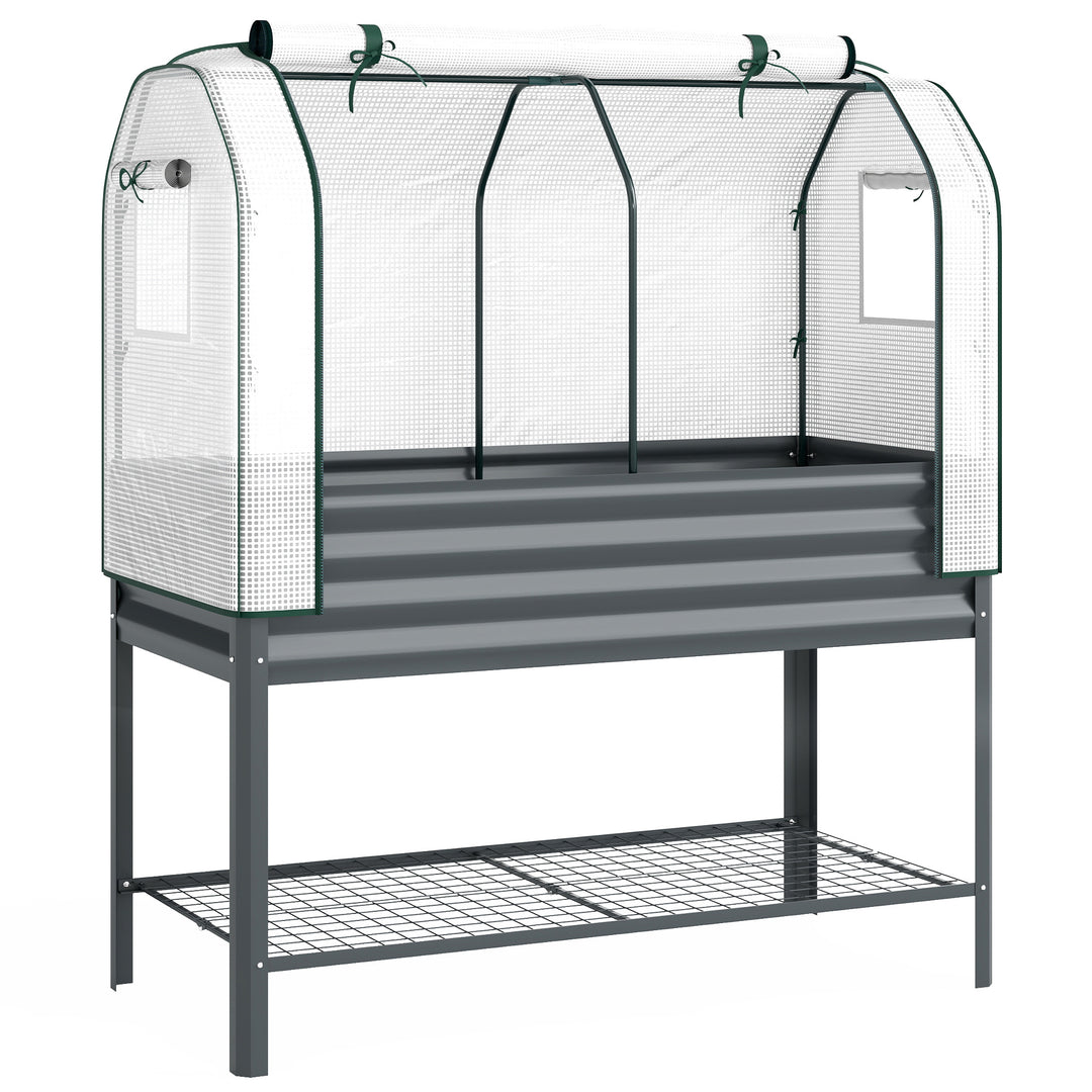 Højbed med metalramme, plantekasse med opbevaringsrum til drivhus, 120 x 55 x 140 cm