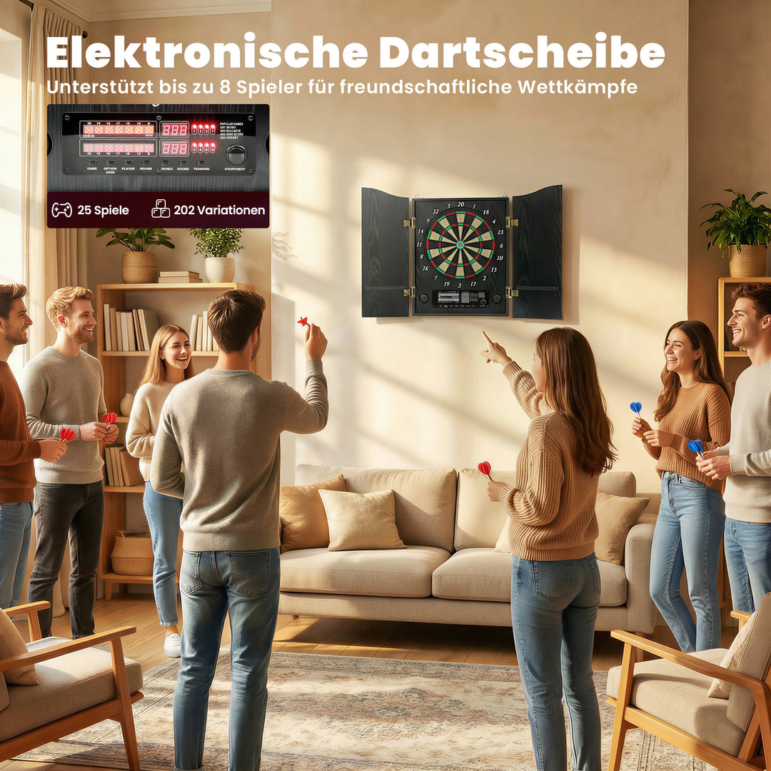 Elektronisk dartskive med døre, trælook, LED-display, stemmemeddelelser, 6 dartpile, 24 udskiftelige spidser