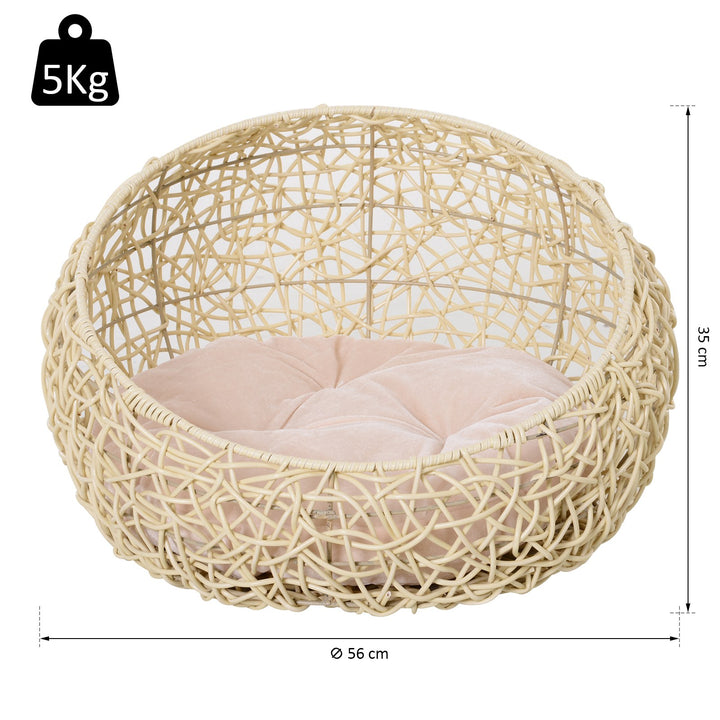 Rattan kattehule, katteseng, kattehus med hynde, kattetelt, kæledyrshus til katte og hunde, beige, Ø56 x 35 cm