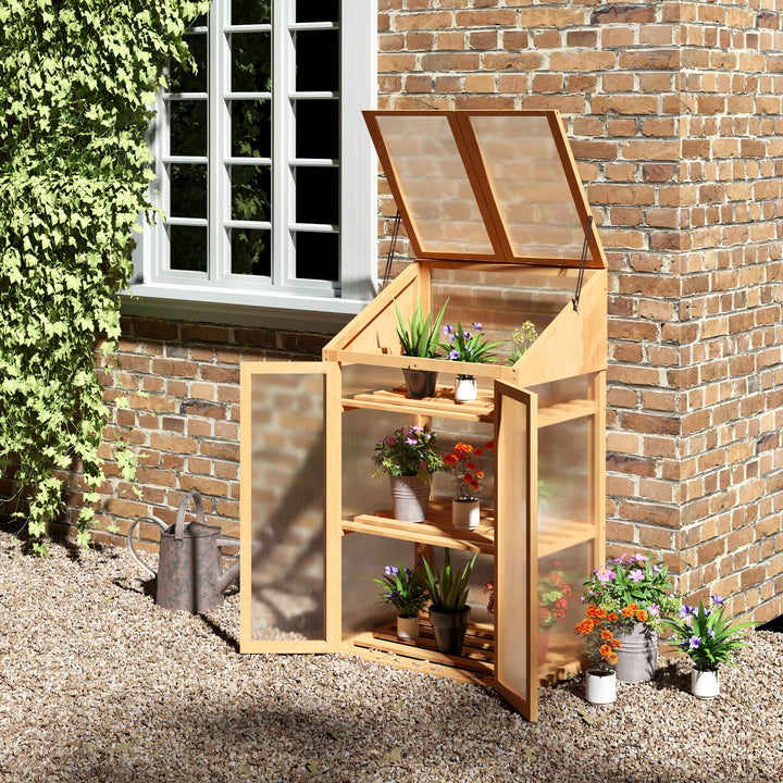 Mini drivhus, lille drivhus med træramme, vindue og dobbeltdør, 3 hylder, 70l x 50b x 120h cm, brun