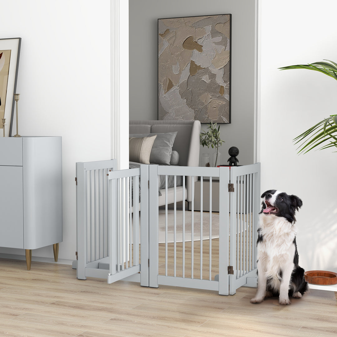 Fritstående hundegitter, 4 paneler, fleksibelt, fyrretræ, 204l x 36b x 75h cm, lysegrå
