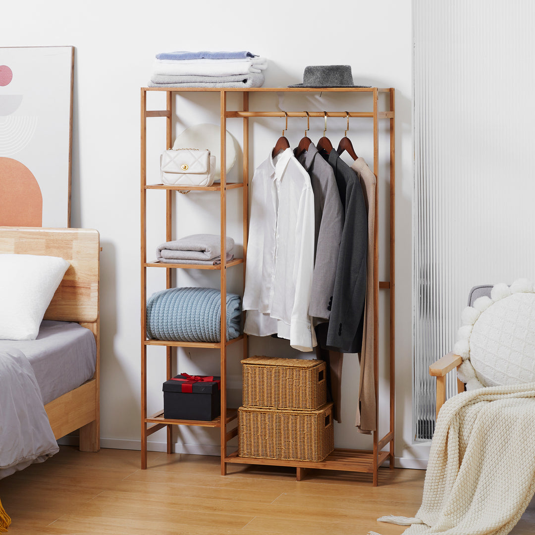 Tøjstativ med tøjstang, skohylde, hylde, garderobe lavet af bambus naturtræ
