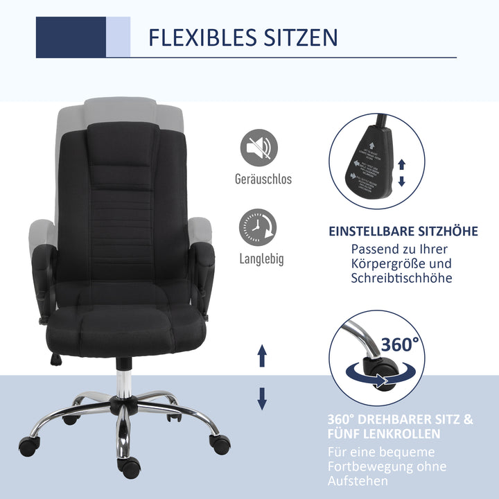 Kontorstol, computerstol med vippefunktion, nakkestøtte, ergonomisk skrivebordsstol, drejelig, højdejusterbar, sort linned-touch, 62 x 76 x 110-119 cm