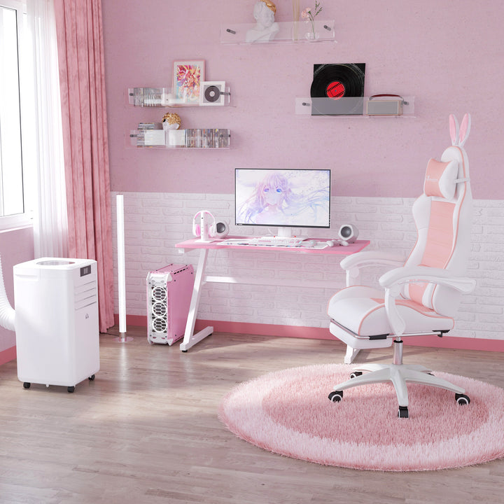 Gaming chair ergonomisk gamerstol med lændestøtte, fodstøtte, pude med kaninører, pink