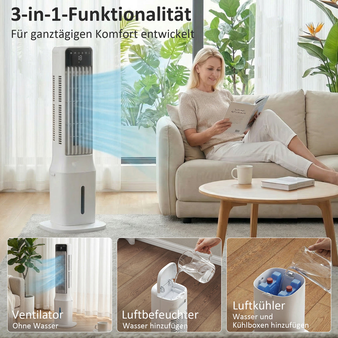 Bærbar luftkøler, 3-i-1 fordampningsluftkøler med 9-liters vandtank, 48° oscillation, 3 hastigheder, 3 tilstande, hvid