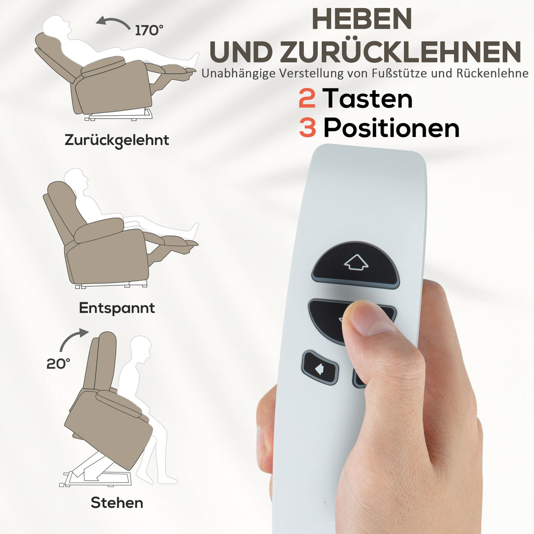 Massagestol med stand-up-funktion, 8 vibrationsmassagepunkter, elektrisk polstret stol med 2 fjernbetjeninger, lysebrun