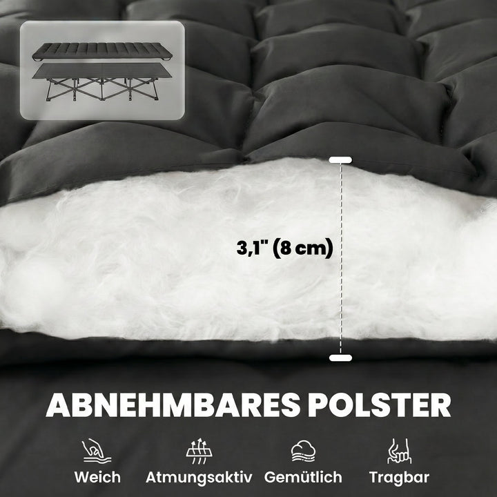 Sammenklappelig campingseng med bæretaske, campingliggestol op til 200 kg, indendørs/udendørs brug, 200 x 80 x 40 cm, sort