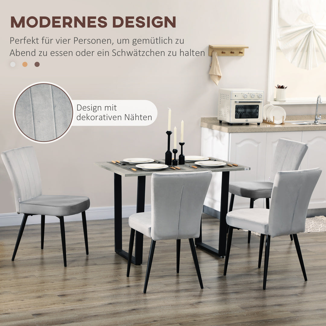 Sæt med 4 spisestuestole, accentstole til køkken og spisestue, stolesæt, velourlook, lysegrå + sort