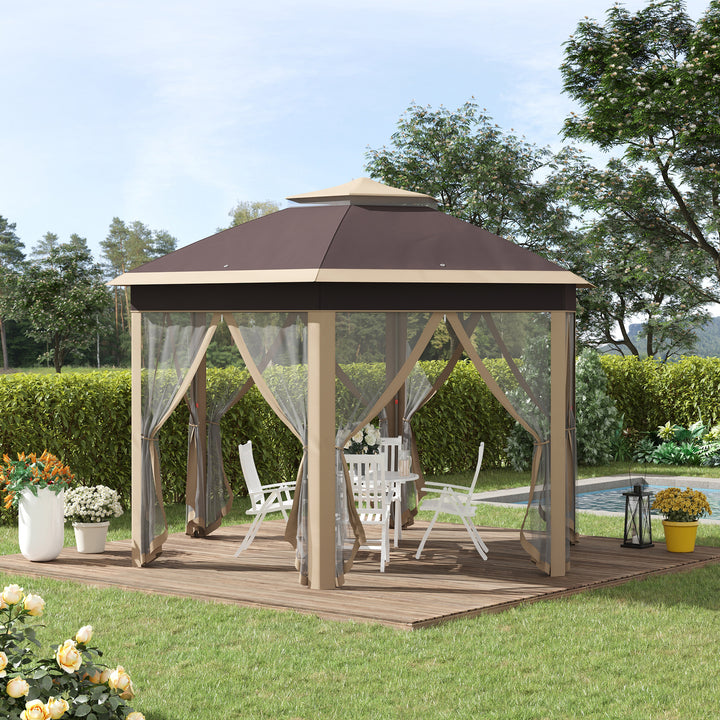 Havepavillon, foldbar pavillon, 4 x 4 m pop-up telt, partytelt inklusive bæretaske, 6 sidepaneler, dobbelt tag, sekskantet, khaki