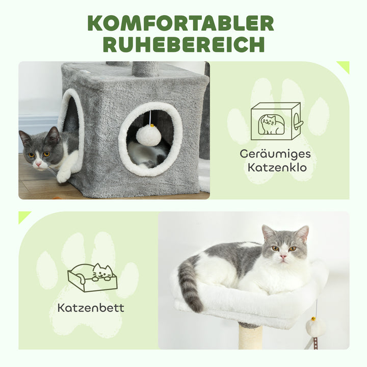 Kradsetræ 107 cm kattetårn med hule, 2 plysbolde, sisalstolper, stor platform, 55x40x107 cm, grå