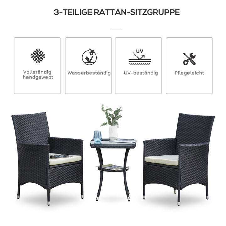 Balkonmøbelsæt til 2 personer, rattan havesæt, polyrattan, sort