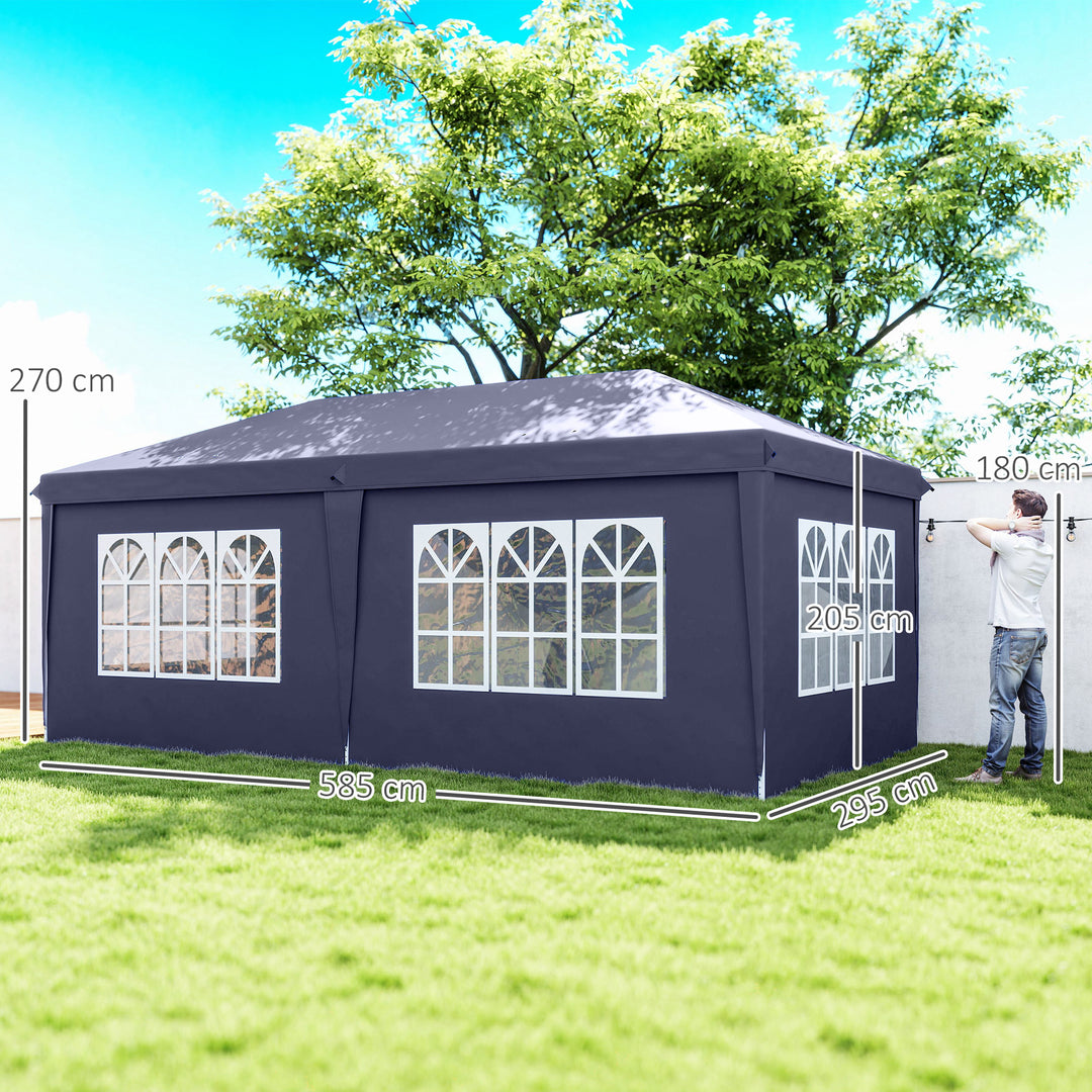Foldbar pavillon 6 x 3 m, aftagelige sidepaneler, store vinduer, lynlåsdøre, stålramme, blå