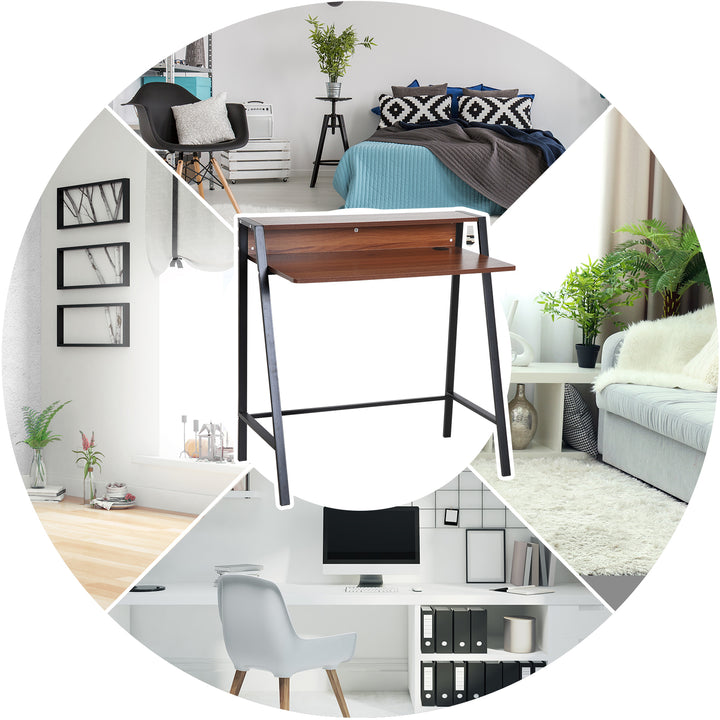 Skrivebord, computerbord med opbevaring og kabelhåndtering, moderne skrivebord med metalramme til studie, soveværelse, hjemmekontor, 84 x 45 x 85 cm, valnød + sort