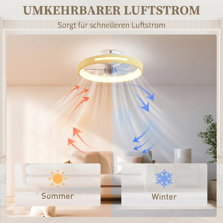 Loftventilator med lys og fjernbetjening, 49 cm LED-loftventilator med 3 farvetemperaturer, naturlig træfinish