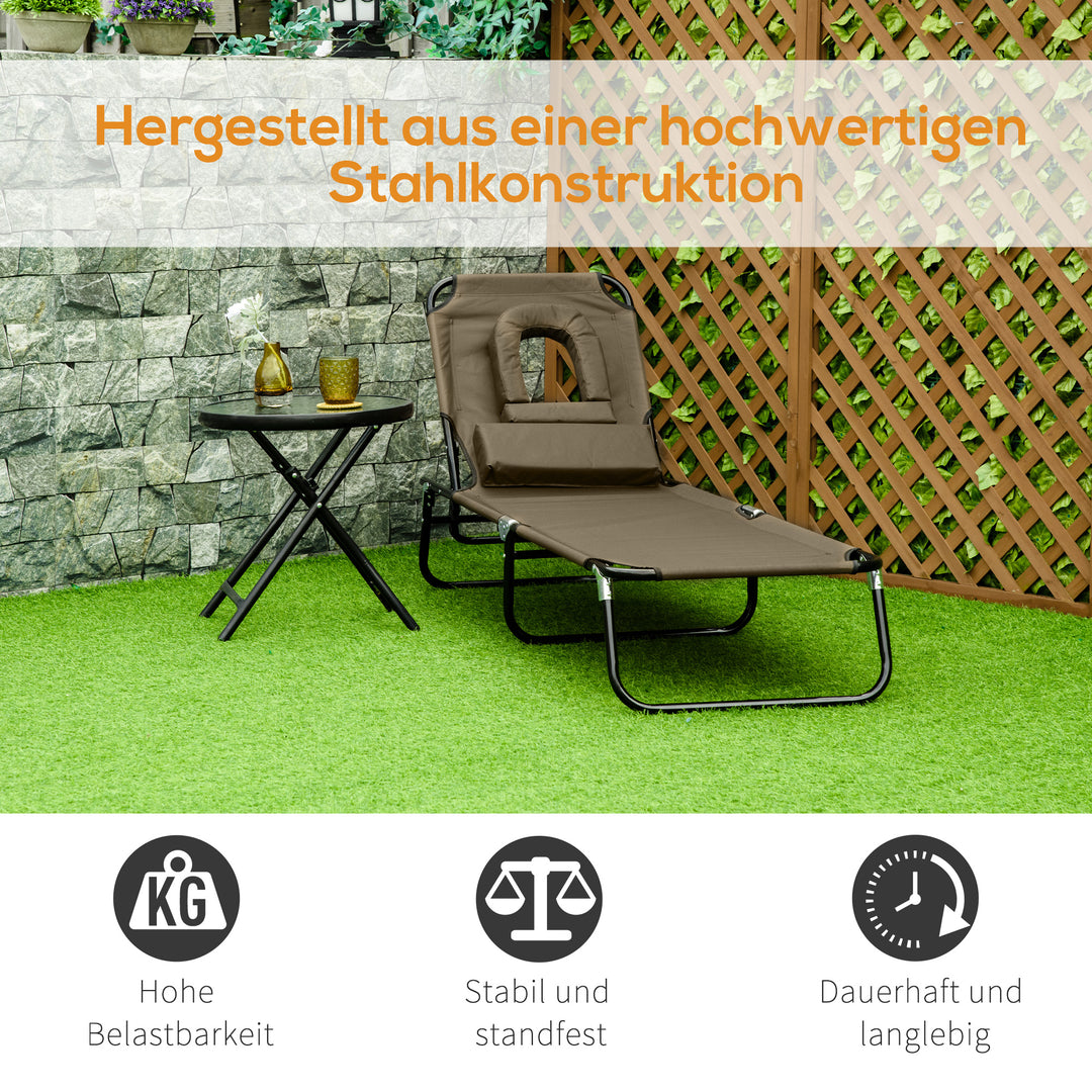Sammenklappelig liggestol, haveliggestol med nakkestøtte, liggestol med 4-positions justerbar ryglæn, campingliggestol med ansigtsåbning, lasteevne op til 120 kg, til have, balkon og pool, brun