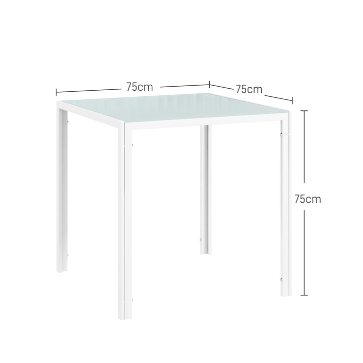 Firkantet spisebord til 4 personer, hærdet glasplade, til køkken og spisestue, 75 x 75 x 75 cm, hvid